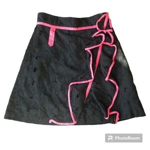 Karen Millen black mini skirt w/hot pink trim and black eyelet cotton lace size2